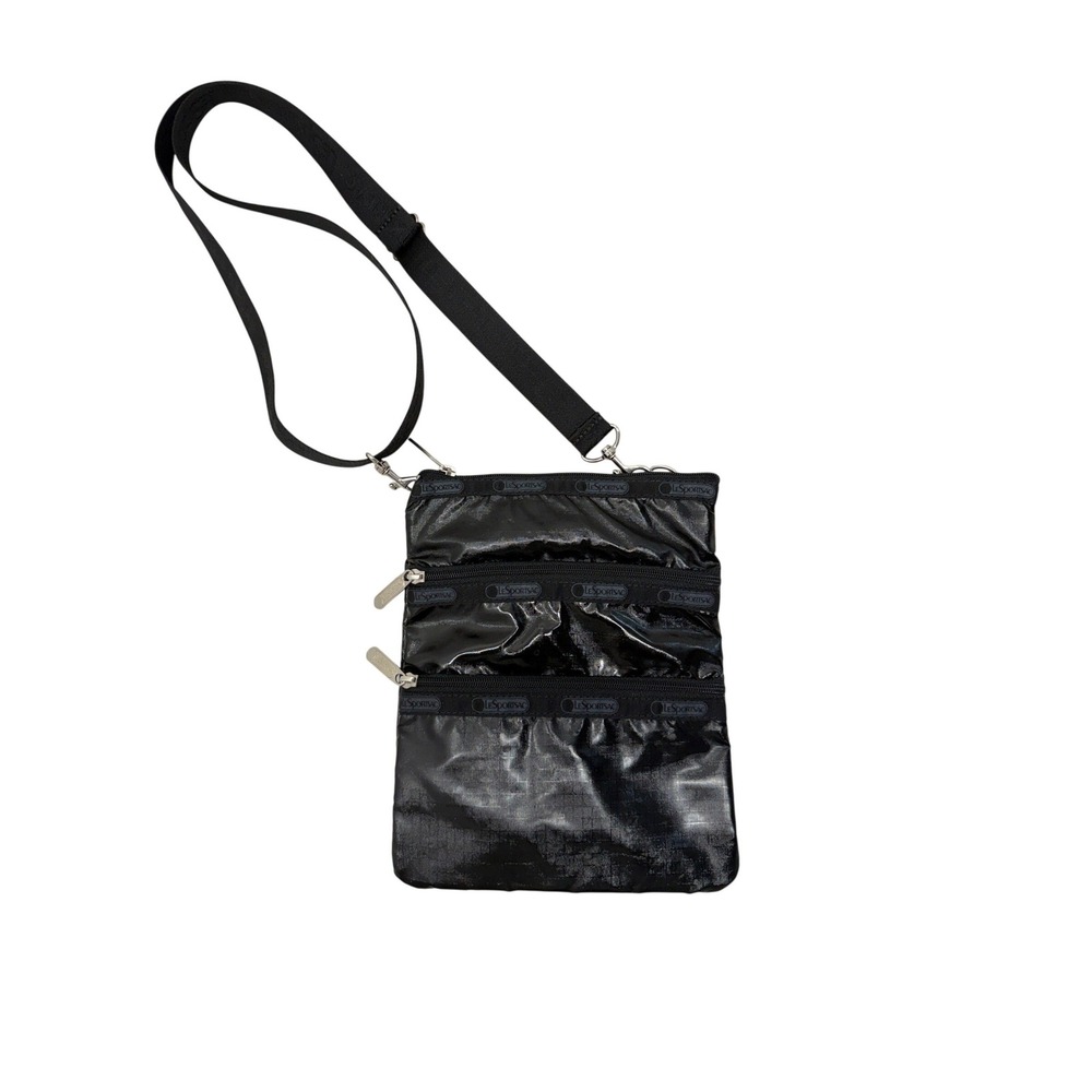 LeSportsac Black Patent Nylon Quinn Crossbody Bag Triple Zip Small Messenger